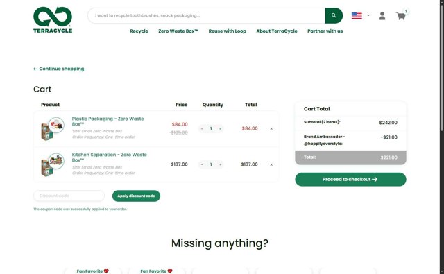 TerraCycle checkout page showing TerraCycle discount code box | Screenshot taken by SimplyCodes community member on Aug 6, 2025