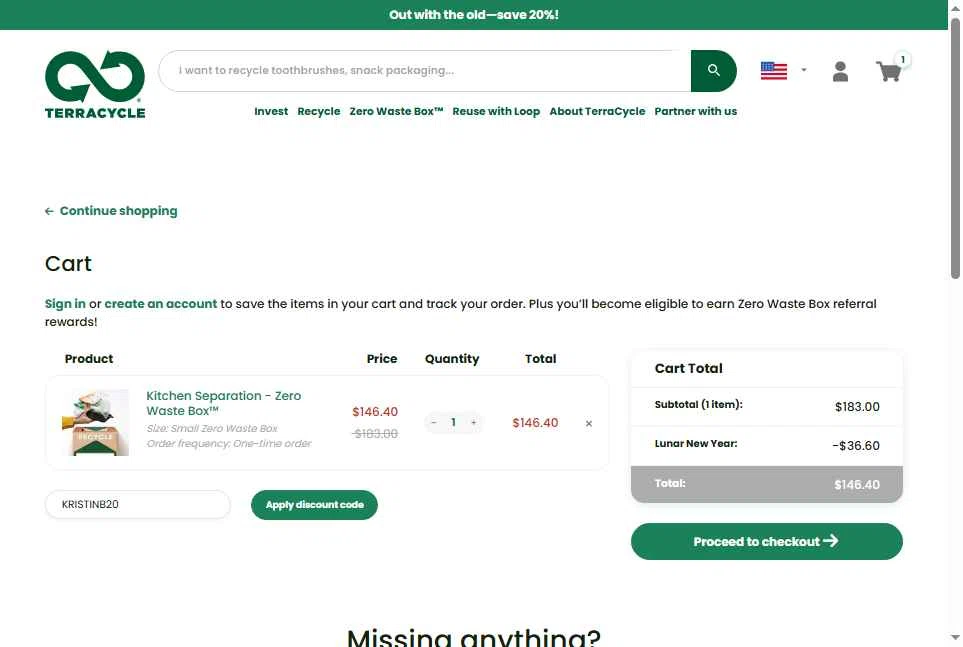 TerraCycle checkout page showing TerraCycle discount code box | Screenshot taken by SimplyCodes community member on Feb 11, 2026