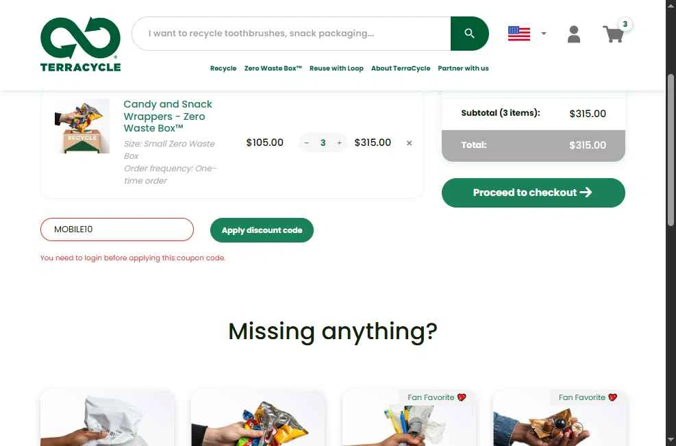 TerraCycle checkout page showing TerraCycle discount code box | Screenshot taken by SimplyCodes community member on Oct 19, 2025
