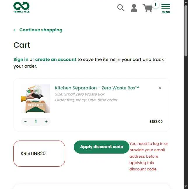 TerraCycle checkout page showing TerraCycle discount code box | Screenshot taken by SimplyCodes community member on Jan 13, 2026