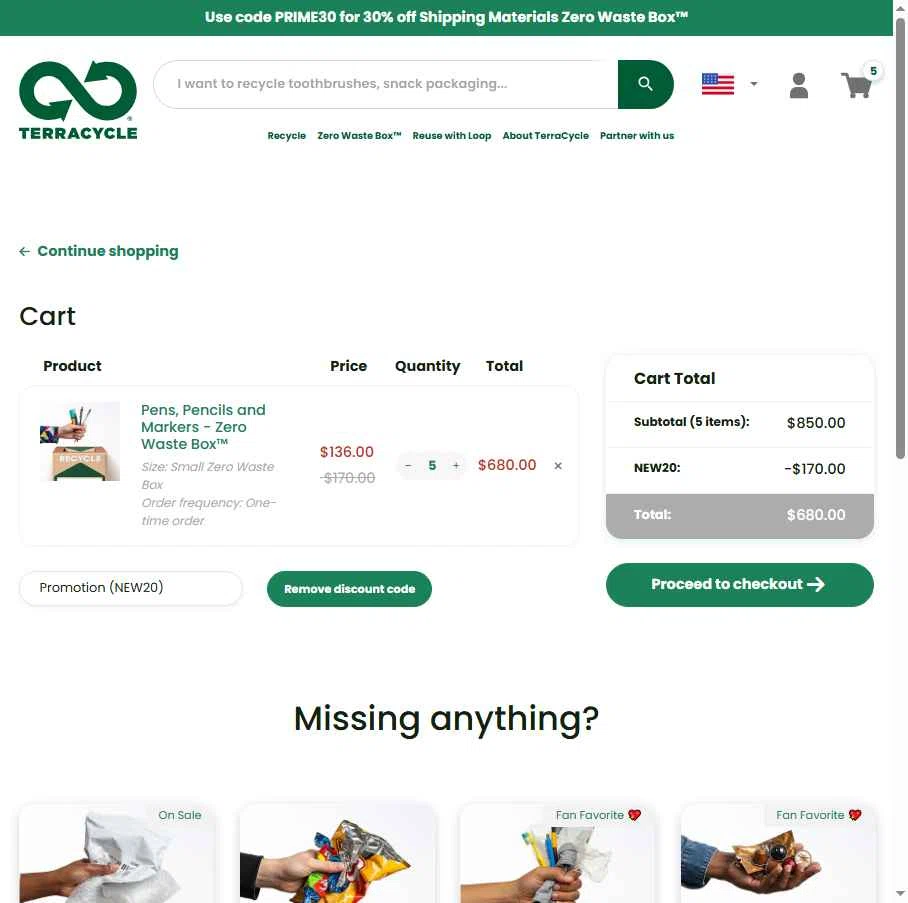 TerraCycle checkout page showing TerraCycle discount code box | Screenshot taken by SimplyCodes community member on Oct 7, 2025