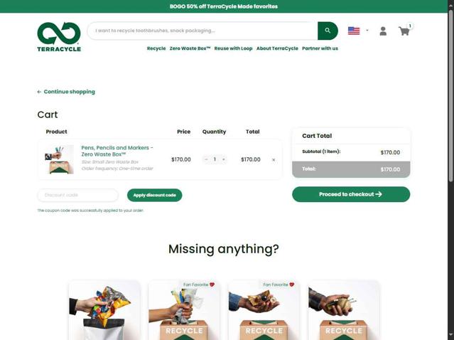 TerraCycle checkout page showing TerraCycle discount code box | Screenshot taken by SimplyCodes community member on Sep 25, 2025