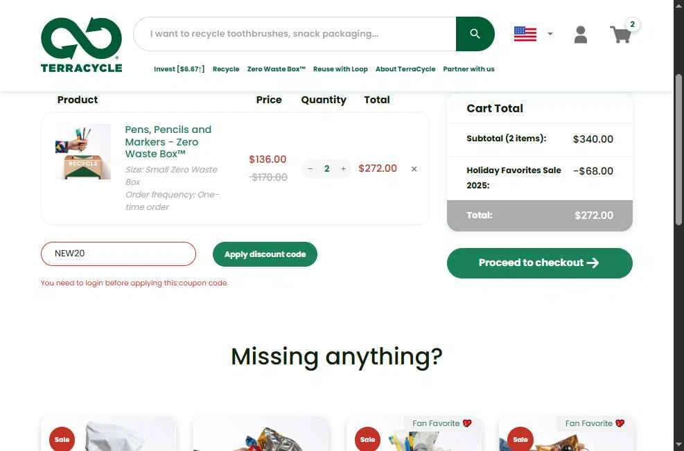 TerraCycle checkout page showing TerraCycle discount code box | Screenshot taken by SimplyCodes community member on Nov 5, 2025