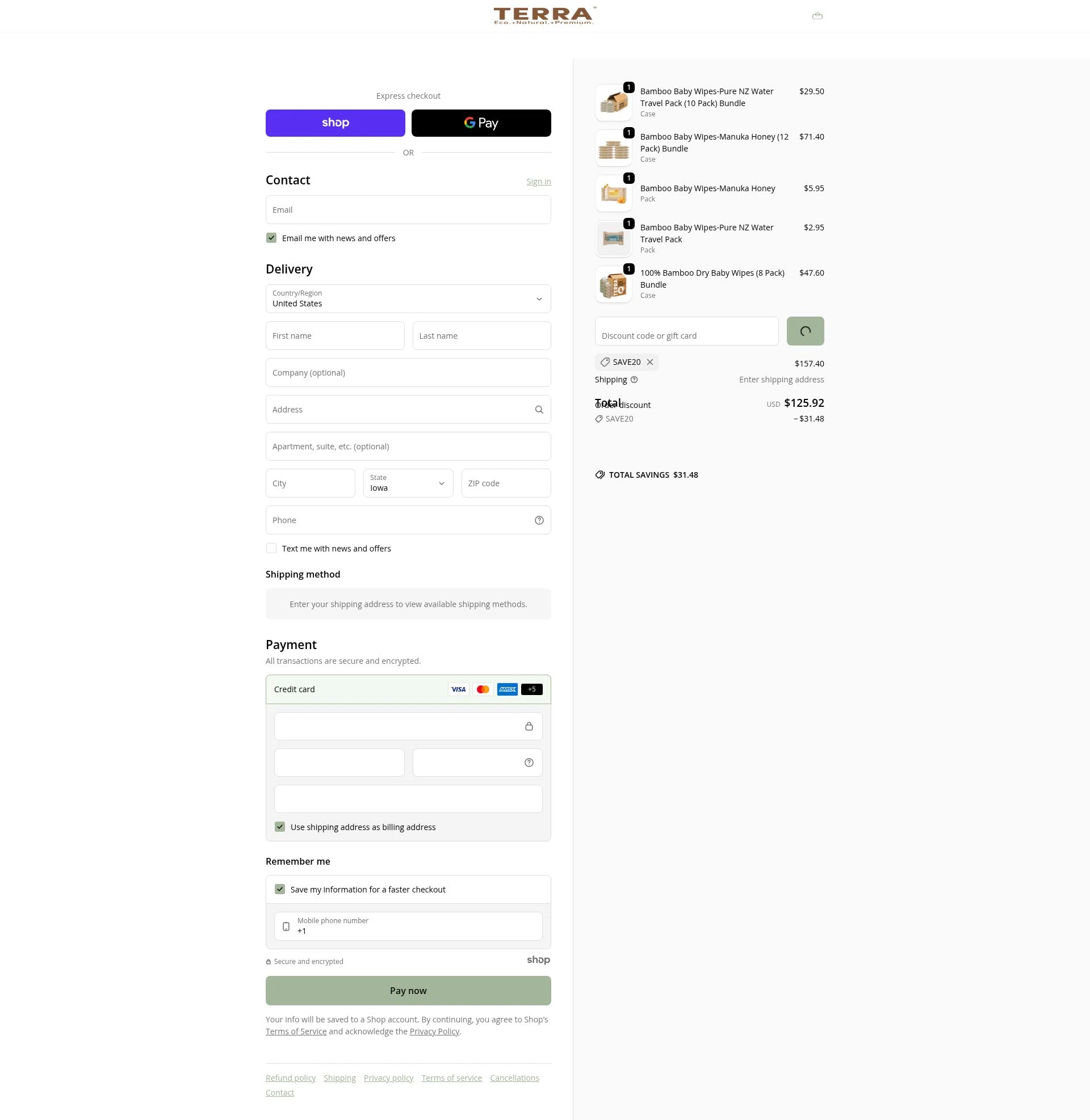 TERRA Gentle checkout page showing TERRA Gentle promo code box | Screenshot taken by SimplyCodes community member on Dec 29, 2025