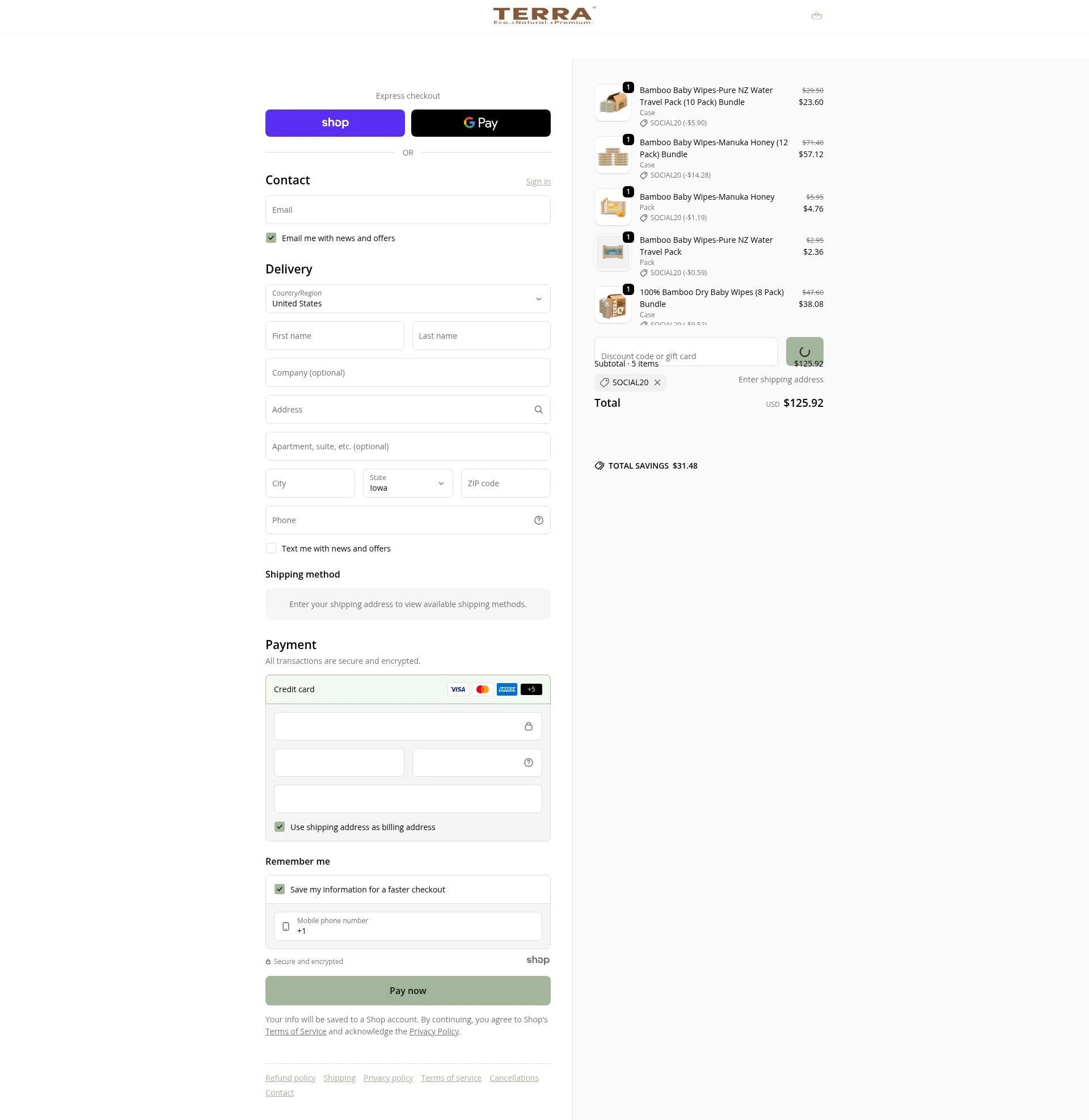 TERRA Gentle checkout page showing TERRA Gentle promo code box | Screenshot taken by SimplyCodes community member on Dec 24, 2025