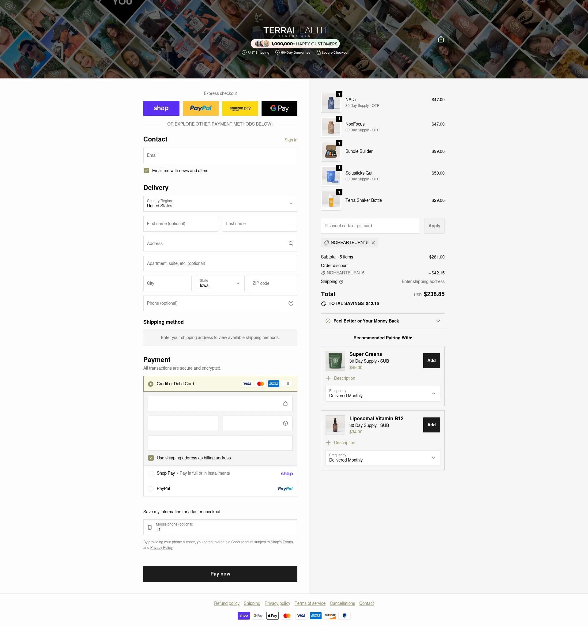 Terra Health Essentials checkout page showing Terra Health Essentials discount code box | Screenshot taken by SimplyCodes community member on Feb 9, 2026