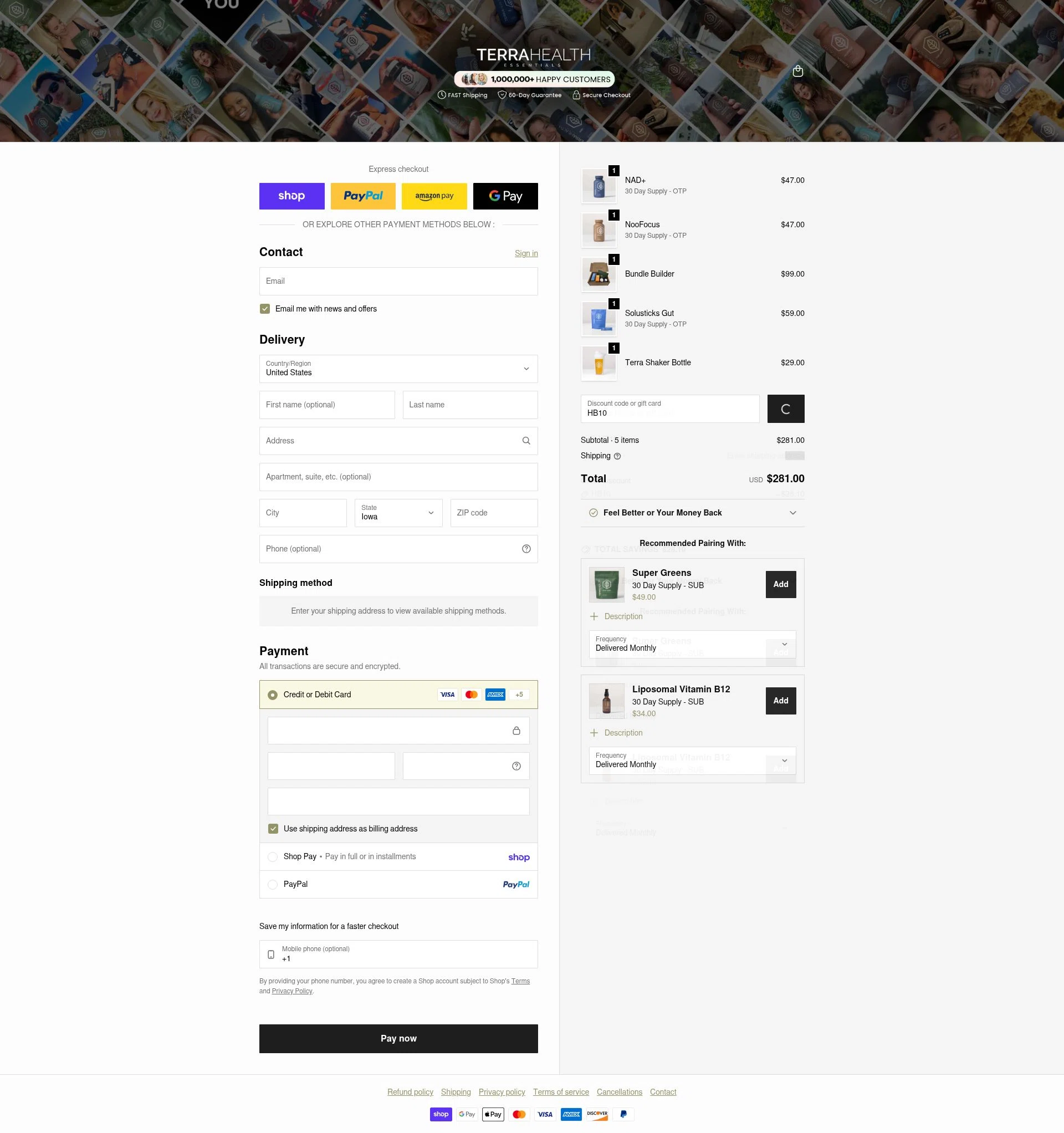 Terra Health Essentials checkout page showing Terra Health Essentials discount code box | Screenshot taken by SimplyCodes community member on Feb 9, 2026