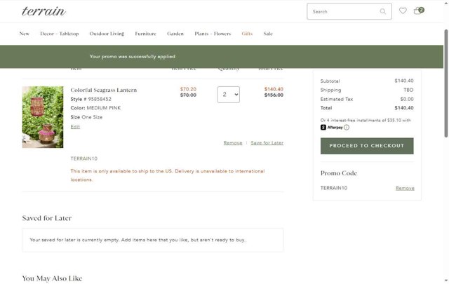 Terrain checkout page showing Terrain promo code box | Screenshot taken by SimplyCodes community member on Jun 9, 2025