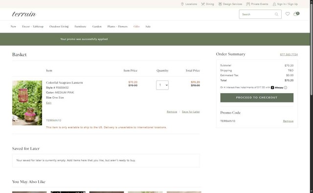 Terrain checkout page showing Terrain promo code box | Screenshot taken by SimplyCodes community member on Jun 9, 2025