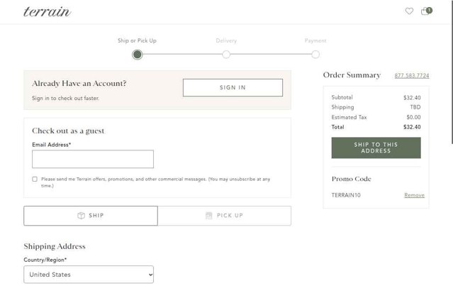 Terrain checkout page showing Terrain promo code box | Screenshot taken by SimplyCodes community member on Jul 3, 2025