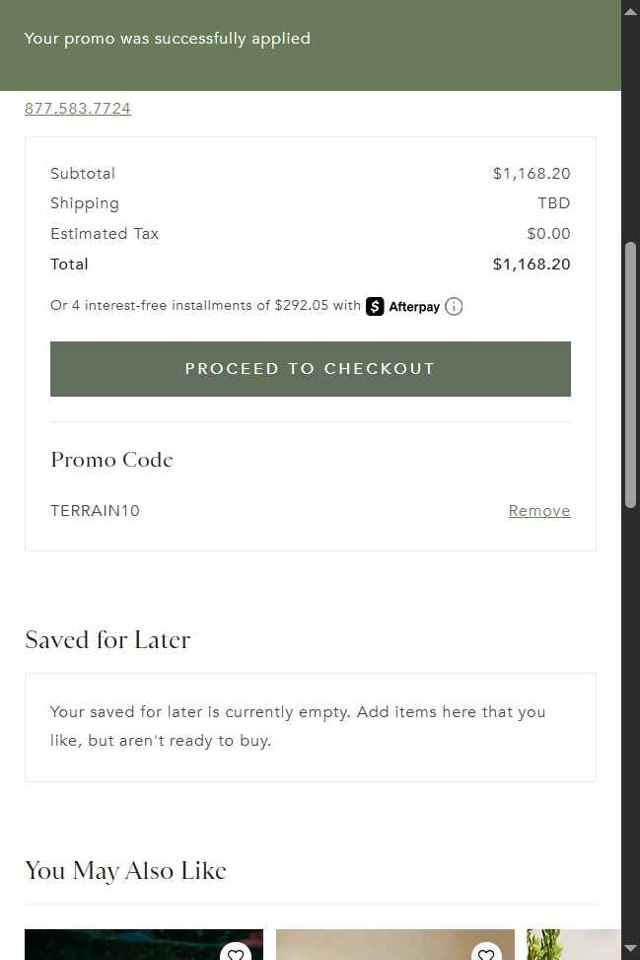 Terrain checkout page showing Terrain promo code box | Screenshot taken by SimplyCodes community member on Aug 1, 2025