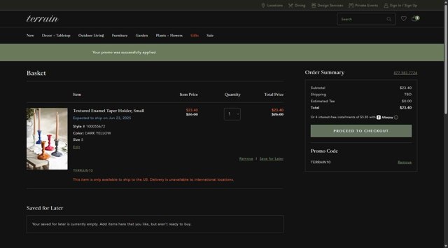 Terrain checkout page showing Terrain promo code box | Screenshot taken by SimplyCodes community member on Jun 9, 2025