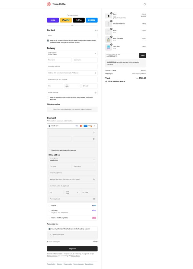 Terra Kaffe checkout page showing Terra Kaffe discount code box | Screenshot taken by SimplyCodes community member on Sep 2, 2025