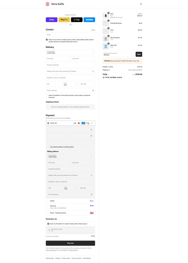 Terra Kaffe checkout page showing Terra Kaffe discount code box | Screenshot taken by SimplyCodes community member on Aug 31, 2025
