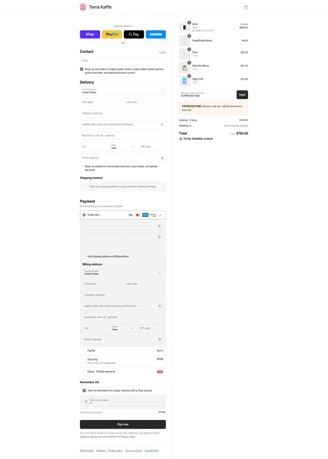 Terra Kaffe checkout page showing Terra Kaffe discount code box | Screenshot taken by SimplyCodes community member on Sep 2, 2025