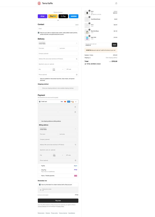 Terra Kaffe checkout page showing Terra Kaffe discount code box | Screenshot taken by SimplyCodes community member on Sep 2, 2025