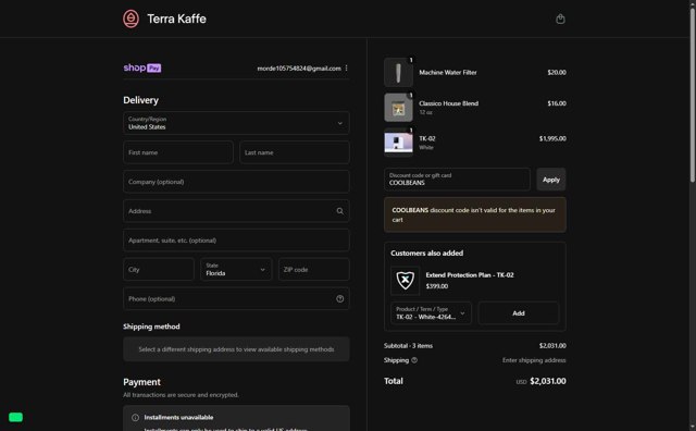 Terra Kaffe checkout page showing Terra Kaffe discount code box | Screenshot taken by SimplyCodes community member on Aug 28, 2025