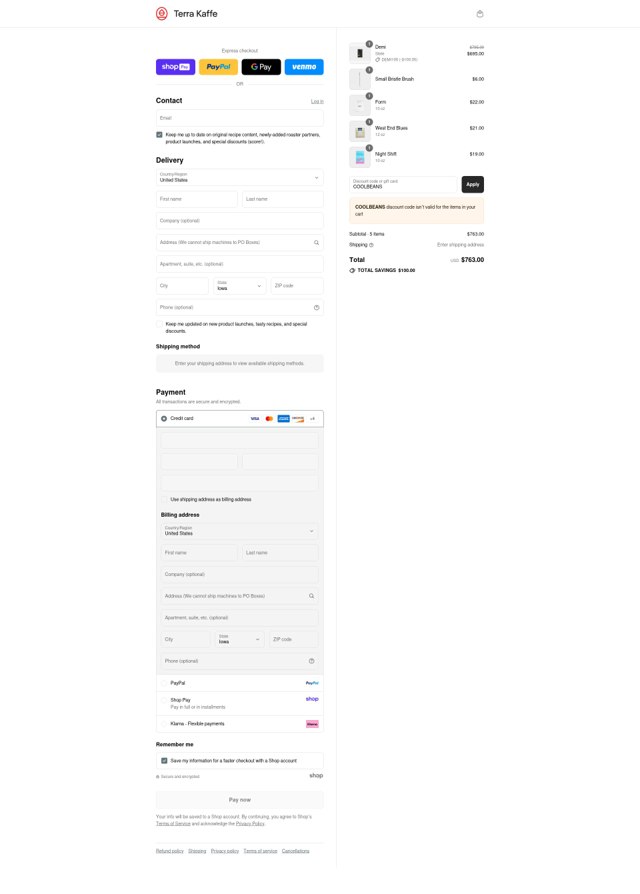 Terra Kaffe checkout page showing Terra Kaffe discount code box | Screenshot taken by SimplyCodes community member on Aug 28, 2025