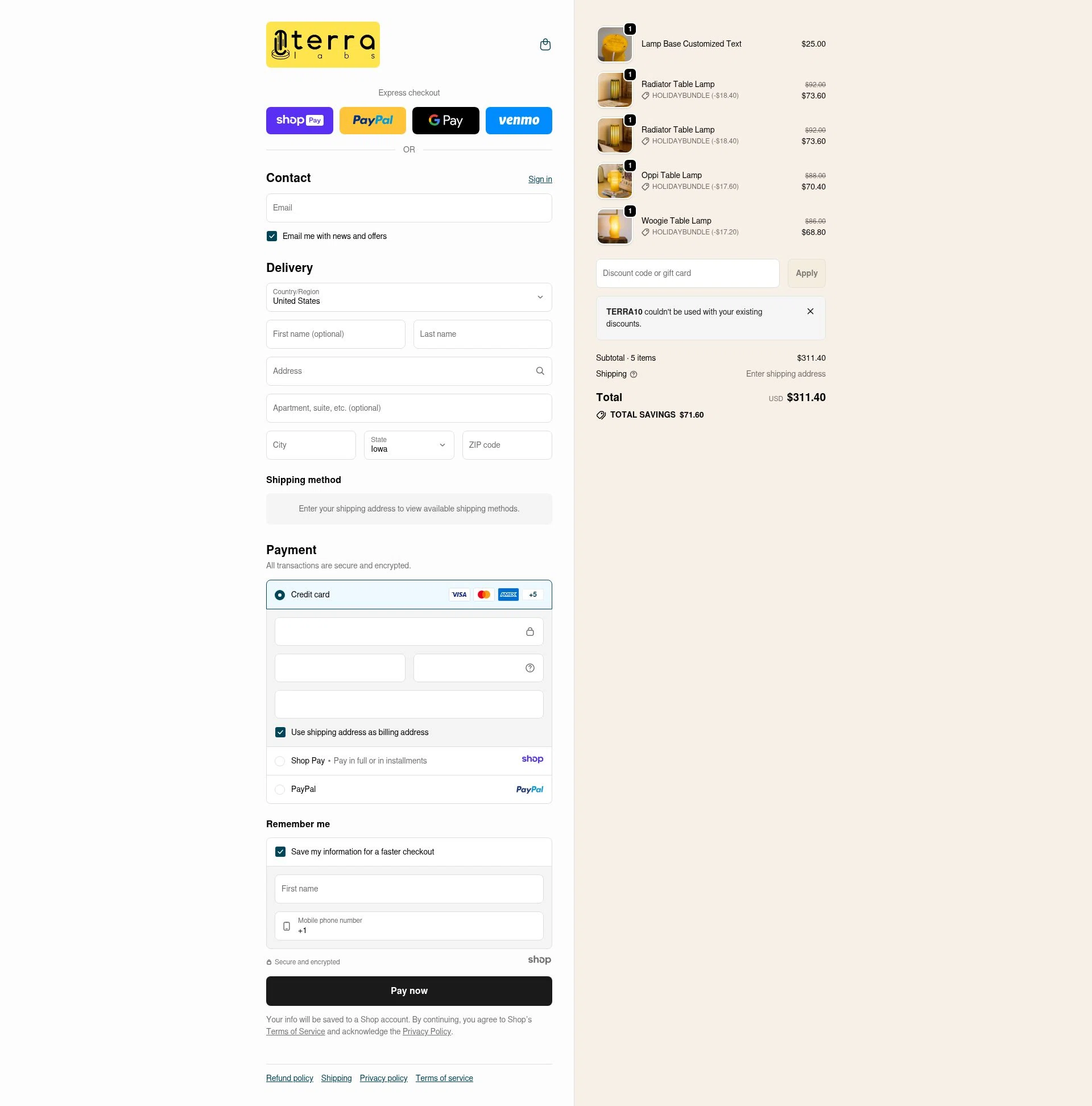 Terra Labs checkout page showing Terra Labs promo code box | Screenshot taken by SimplyCodes community member on Jan 11, 2026