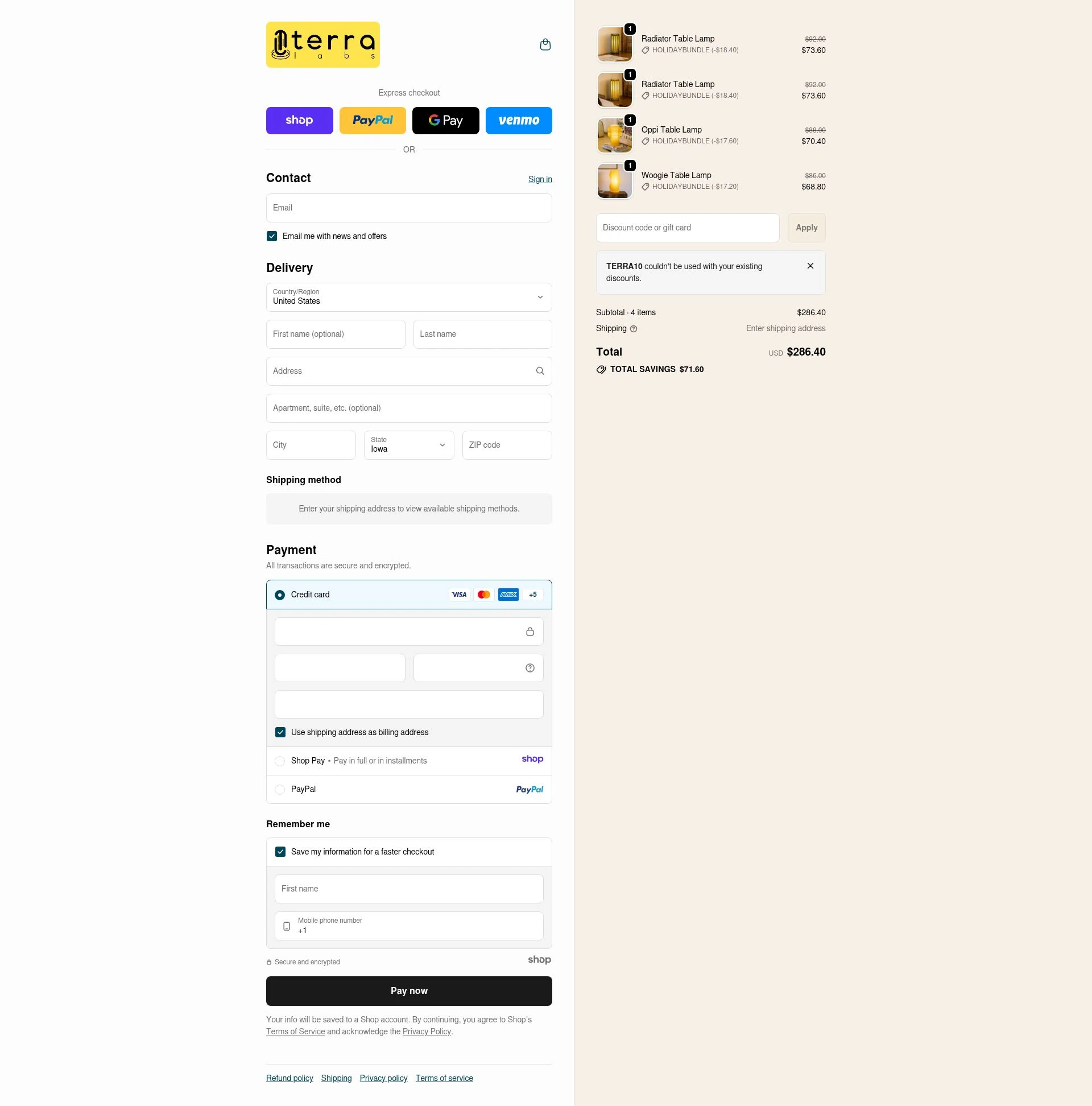 Terra Labs checkout page showing Terra Labs promo code box | Screenshot taken by SimplyCodes community member on Jan 6, 2026