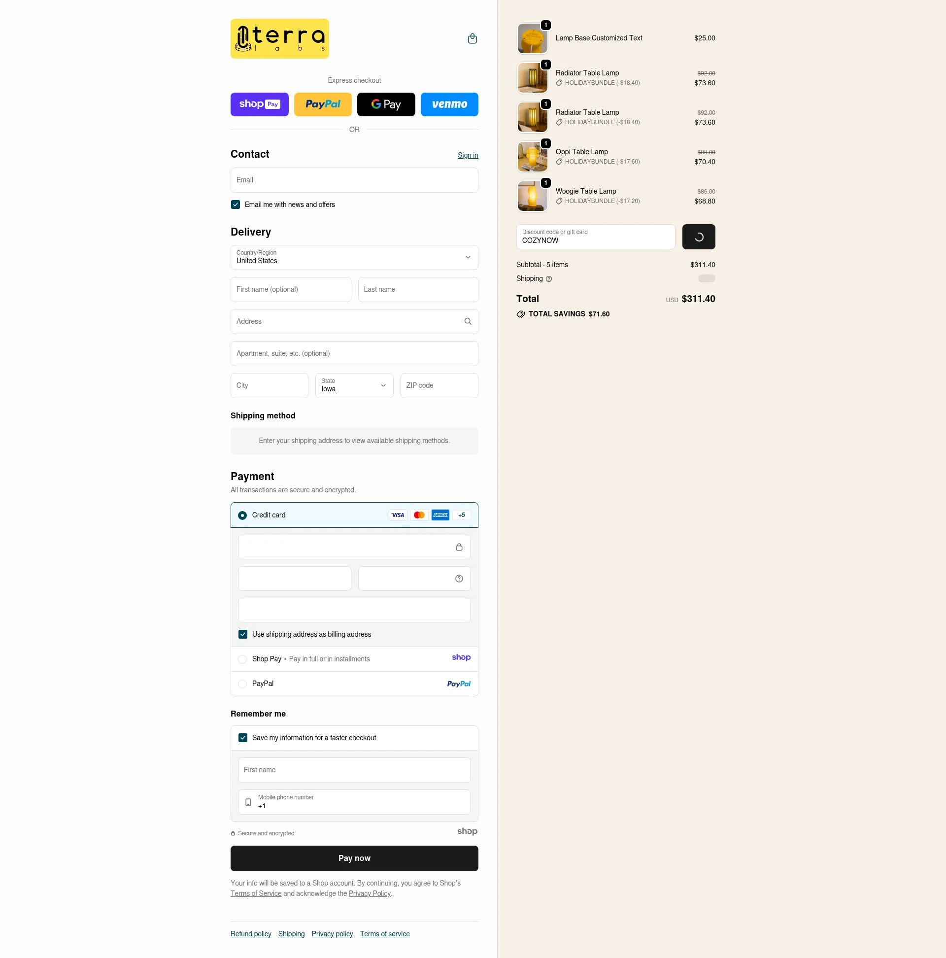 Terra Labs checkout page showing Terra Labs promo code box | Screenshot taken by SimplyCodes community member on Jan 11, 2026