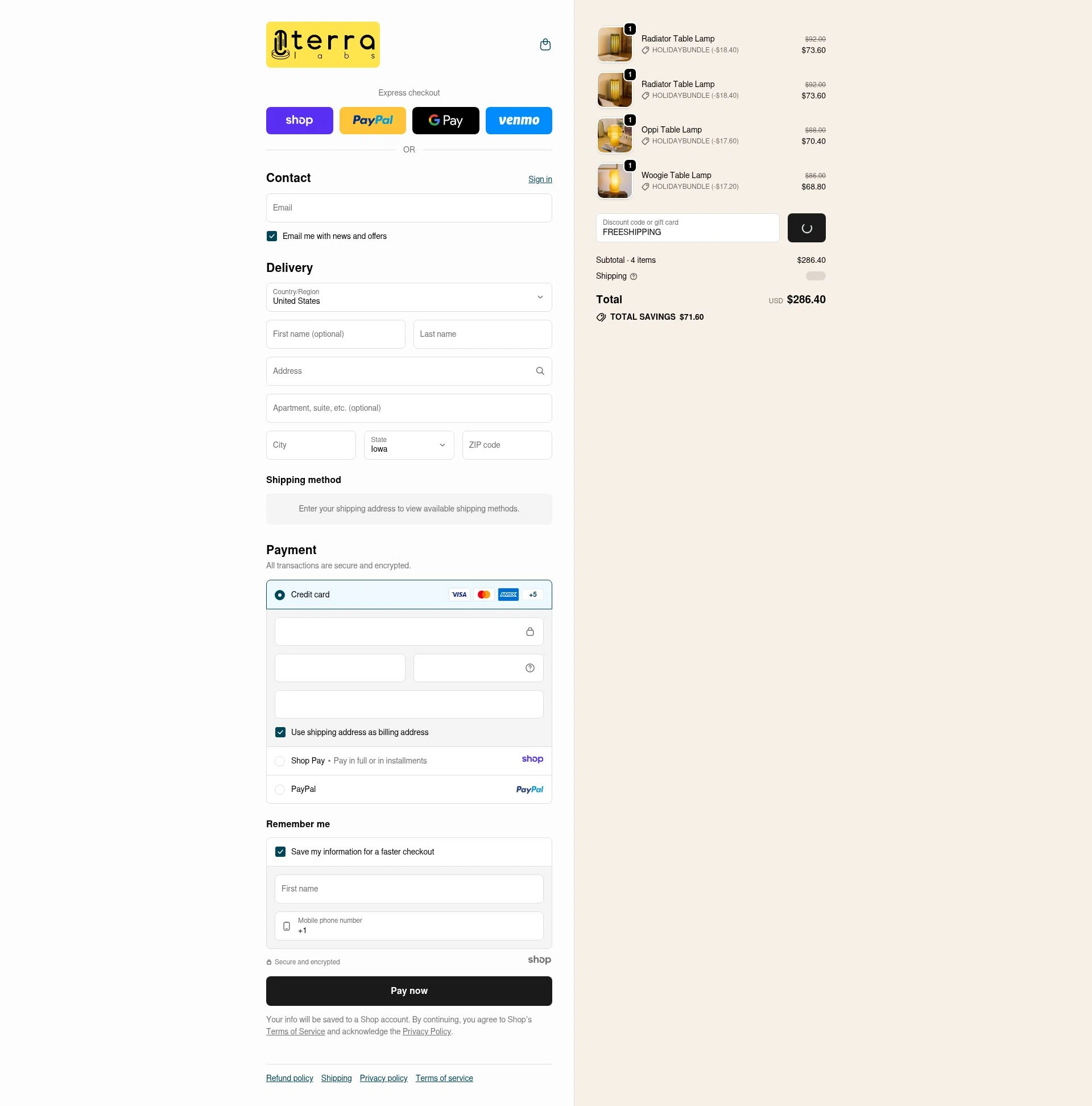 Terra Labs checkout page showing Terra Labs promo code box | Screenshot taken by SimplyCodes community member on Jan 1, 2026