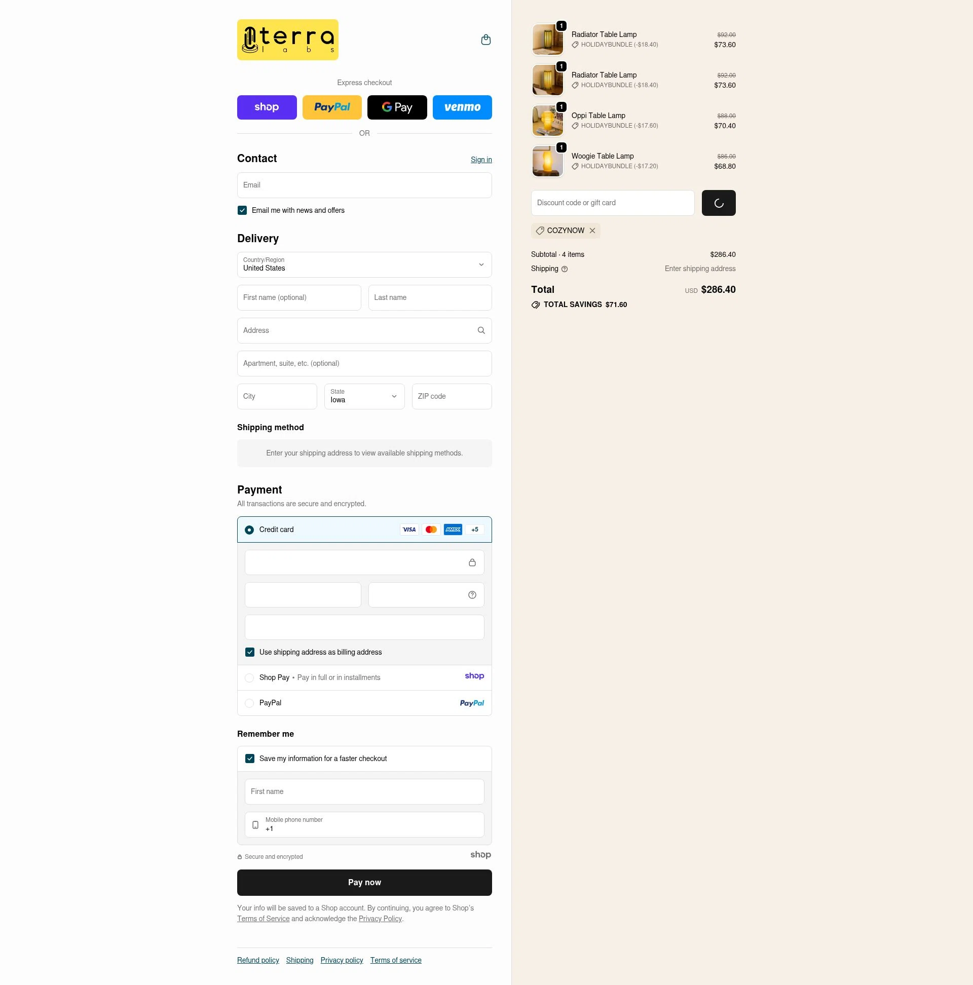 Terra Labs checkout page showing Terra Labs promo code box | Screenshot taken by SimplyCodes community member on Jan 1, 2026