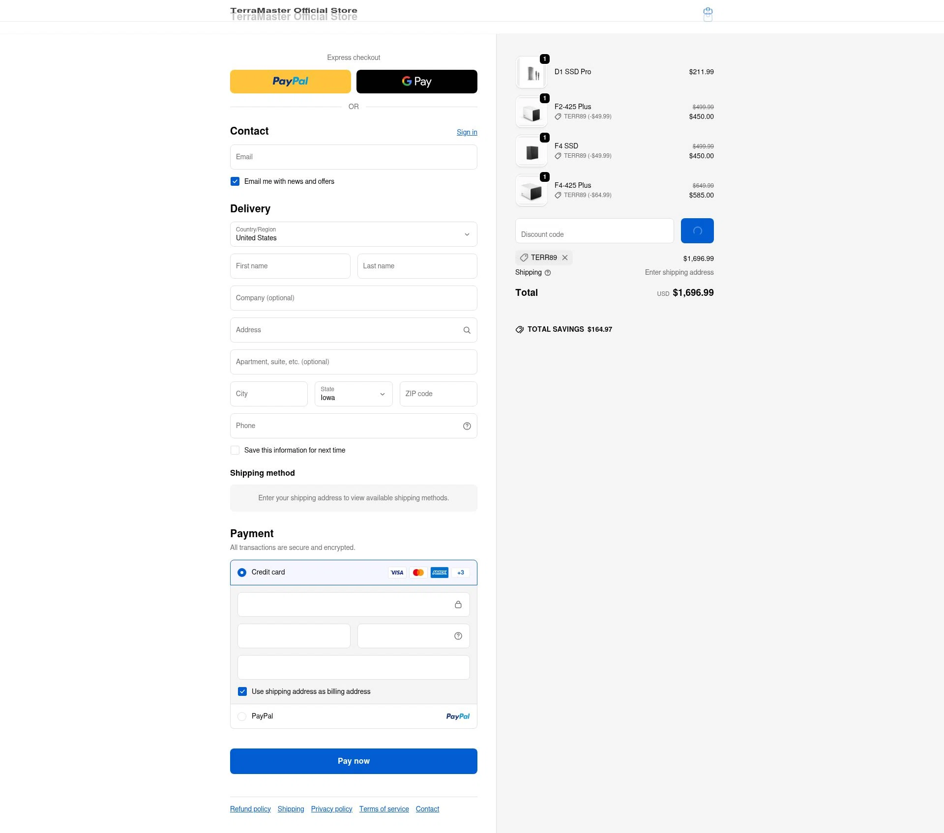 TerraMaster Shop checkout page showing TerraMaster Shop promo code box | Screenshot taken by SimplyCodes community member on Feb 12, 2026