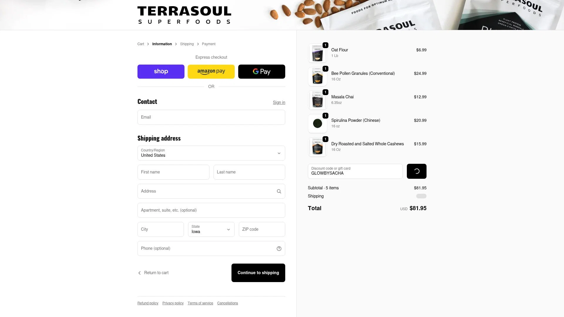 Terrasoul Superfoods checkout page showing Terrasoul Superfoods promo code box | Screenshot taken by SimplyCodes community member on Feb 5, 2026