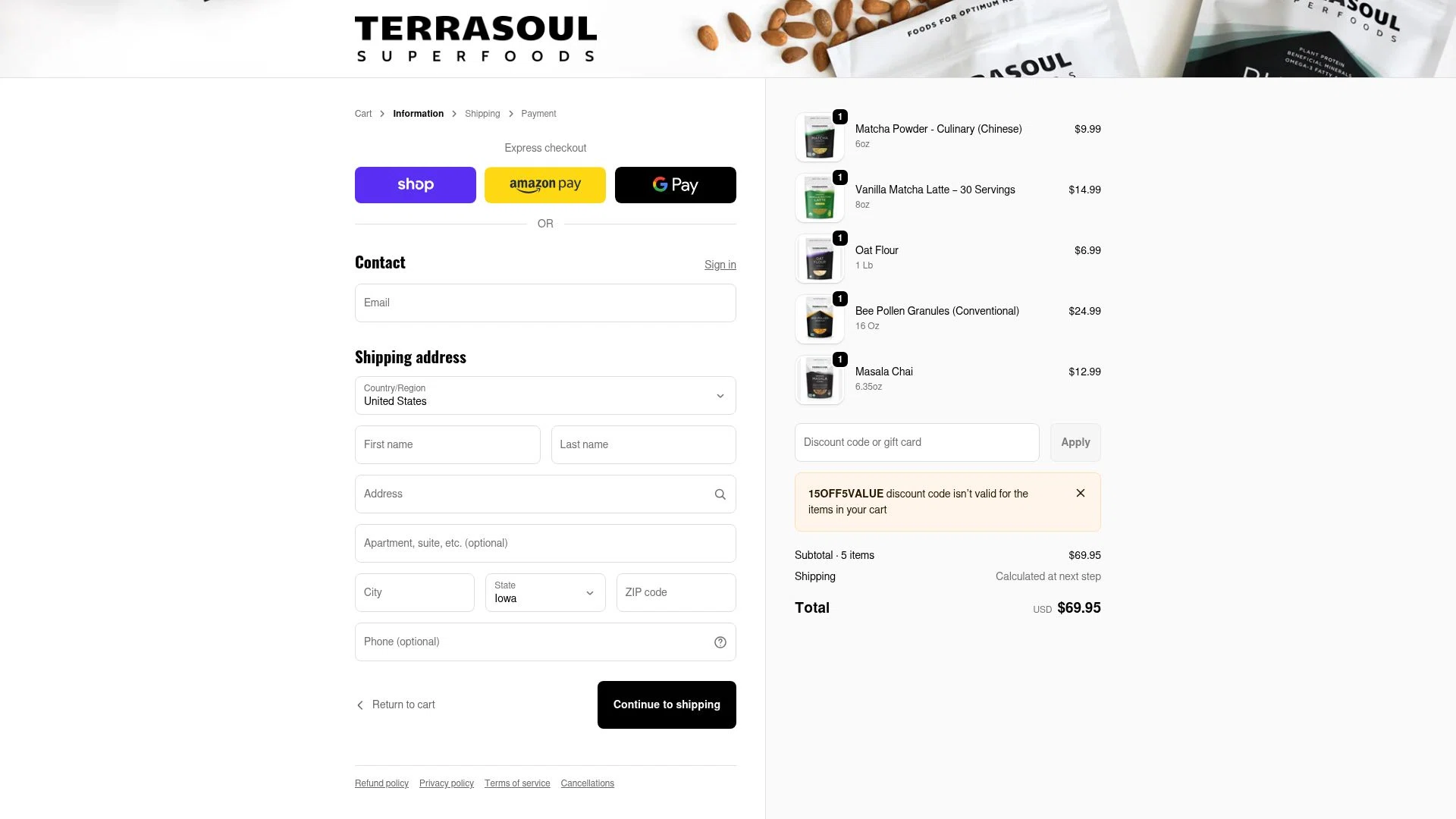 Terrasoul Superfoods checkout page showing Terrasoul Superfoods promo code box | Screenshot taken by SimplyCodes community member on Feb 10, 2026