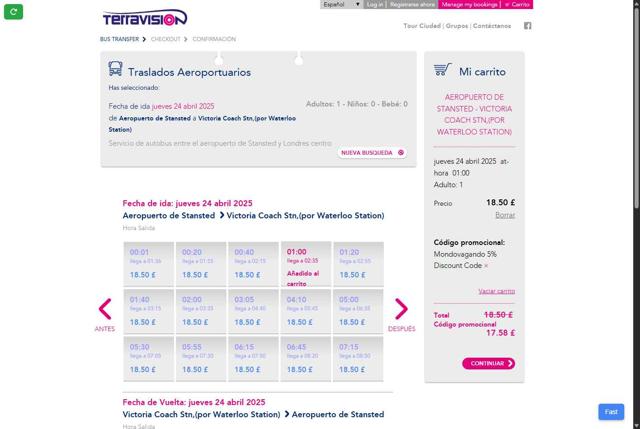 Terravision checkout page showing Terravision promo code box | Screenshot taken by SimplyCodes community member on Apr 22, 2025