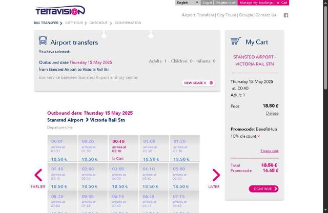 Terravision checkout page showing Terravision promo code box | Screenshot taken by SimplyCodes community member on May 6, 2025