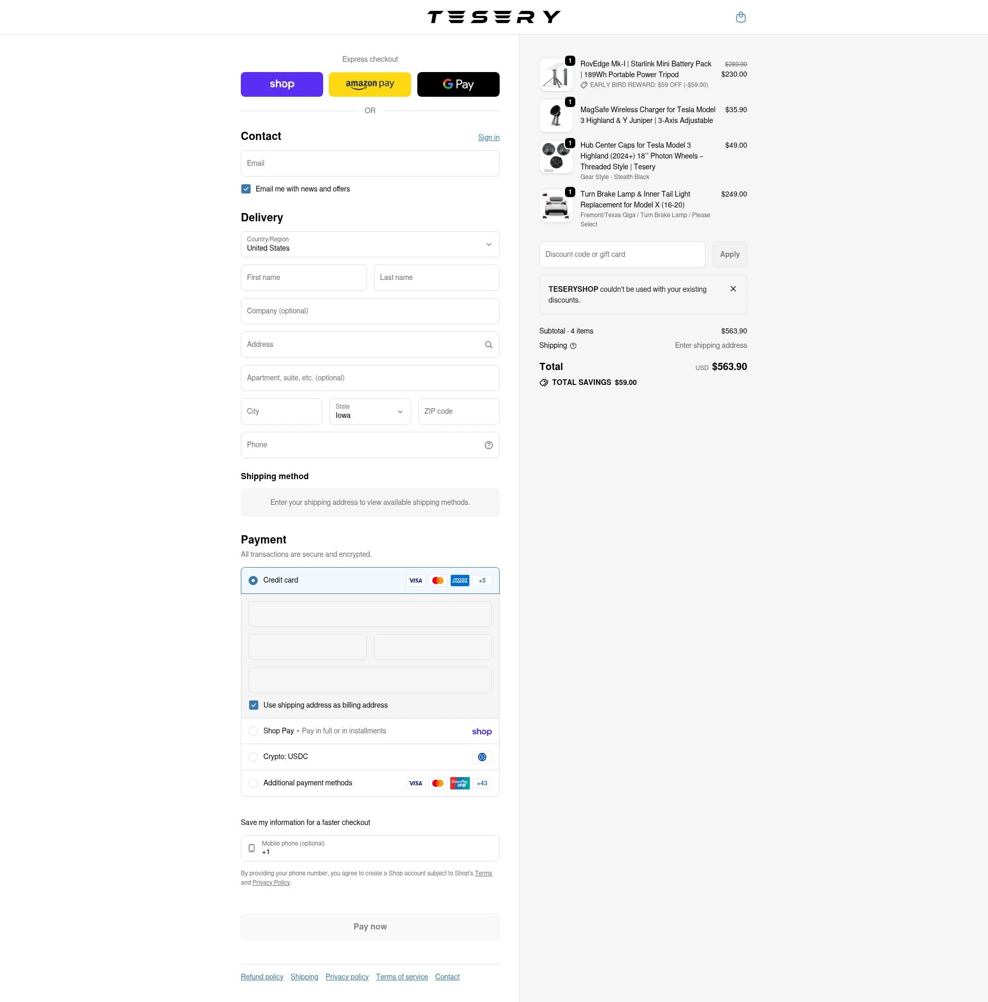 Tesery checkout page showing Tesery discount code box | Screenshot taken by SimplyCodes community member on Feb 25, 2026