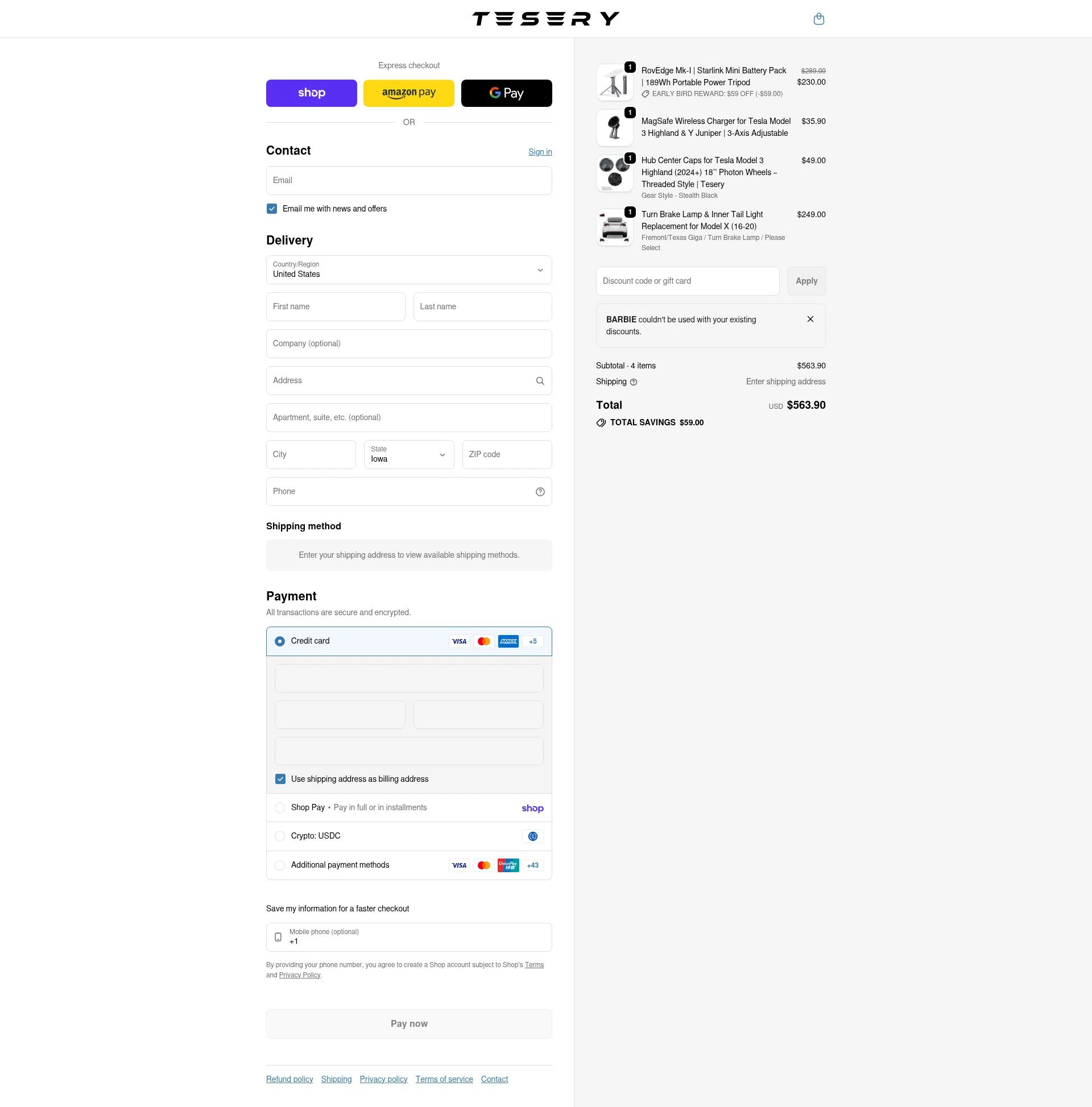 Tesery checkout page showing Tesery discount code box | Screenshot taken by SimplyCodes community member on Feb 25, 2026