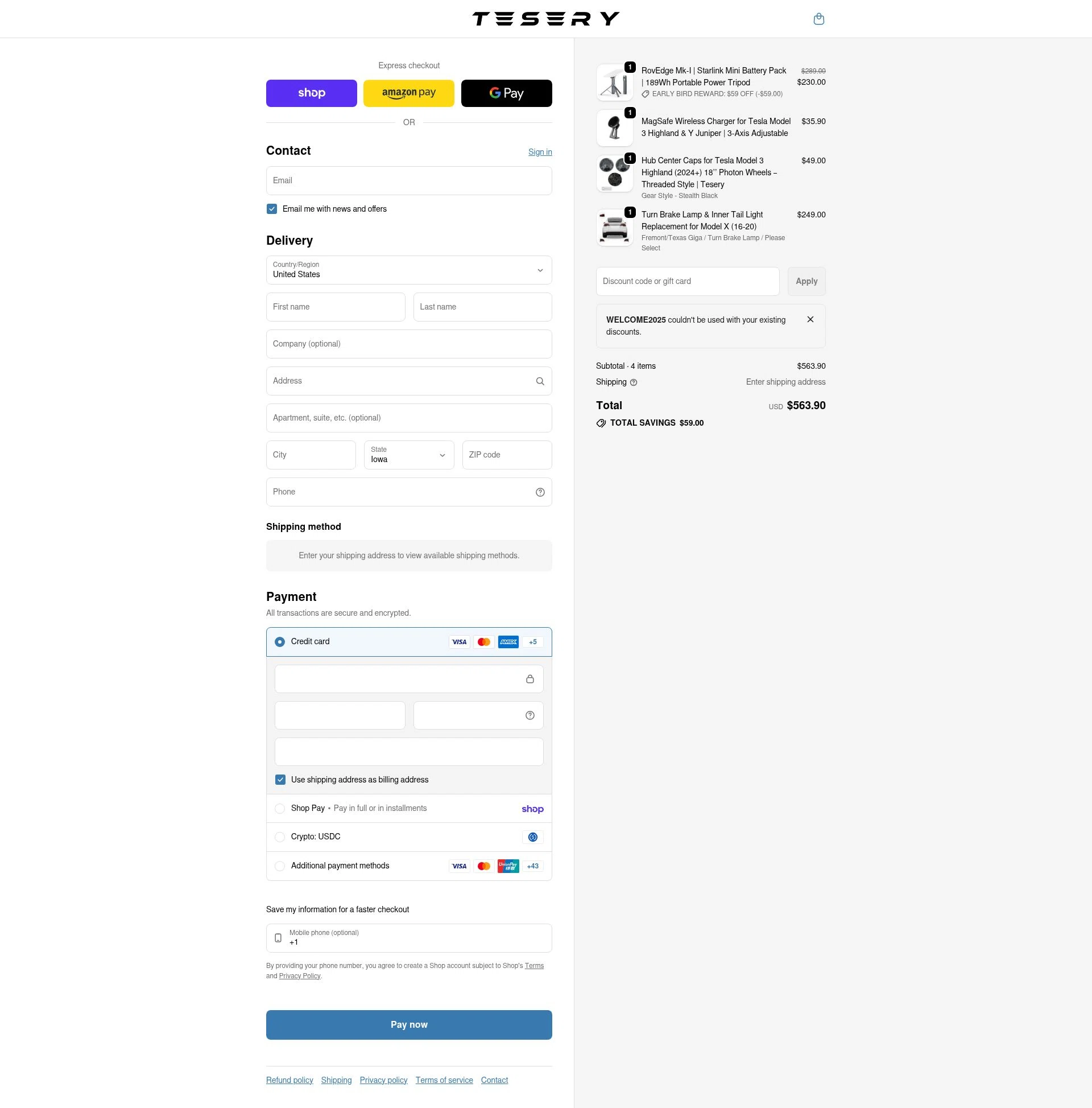 Tesery checkout page showing Tesery discount code box | Screenshot taken by SimplyCodes community member on Feb 25, 2026