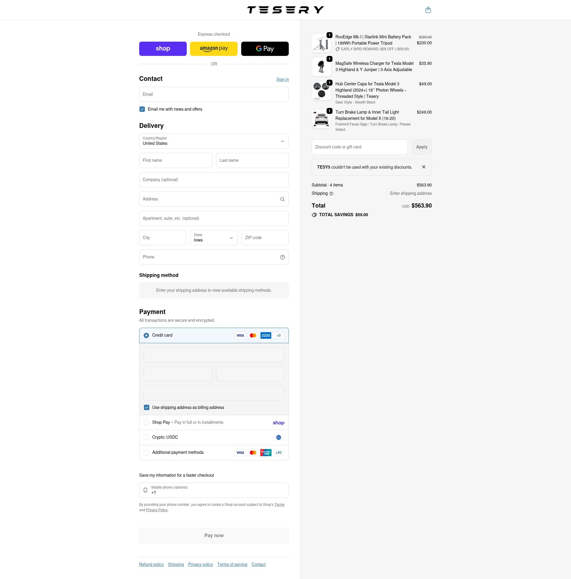 Tesery checkout page showing Tesery discount code box | Screenshot taken by SimplyCodes community member on Feb 25, 2026