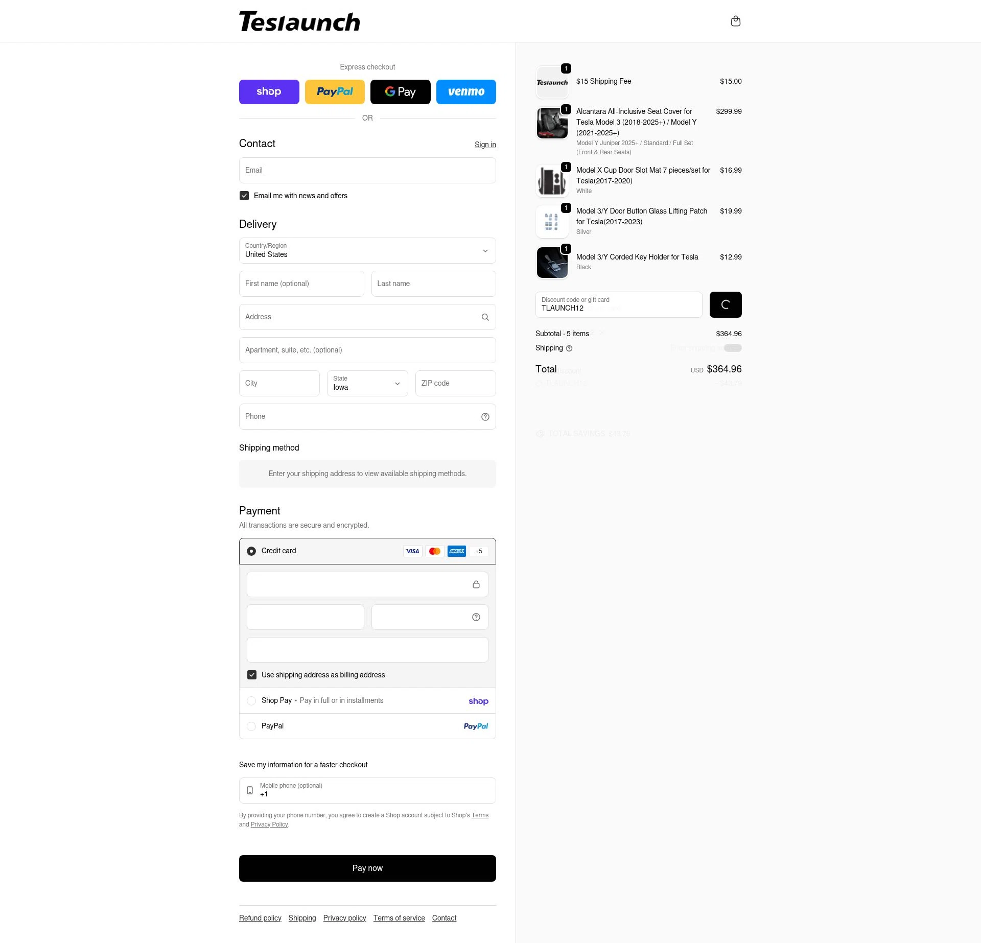 TESLAUNCH checkout page showing TESLAUNCH discount code box | Screenshot taken by SimplyCodes community member on Feb 5, 2026