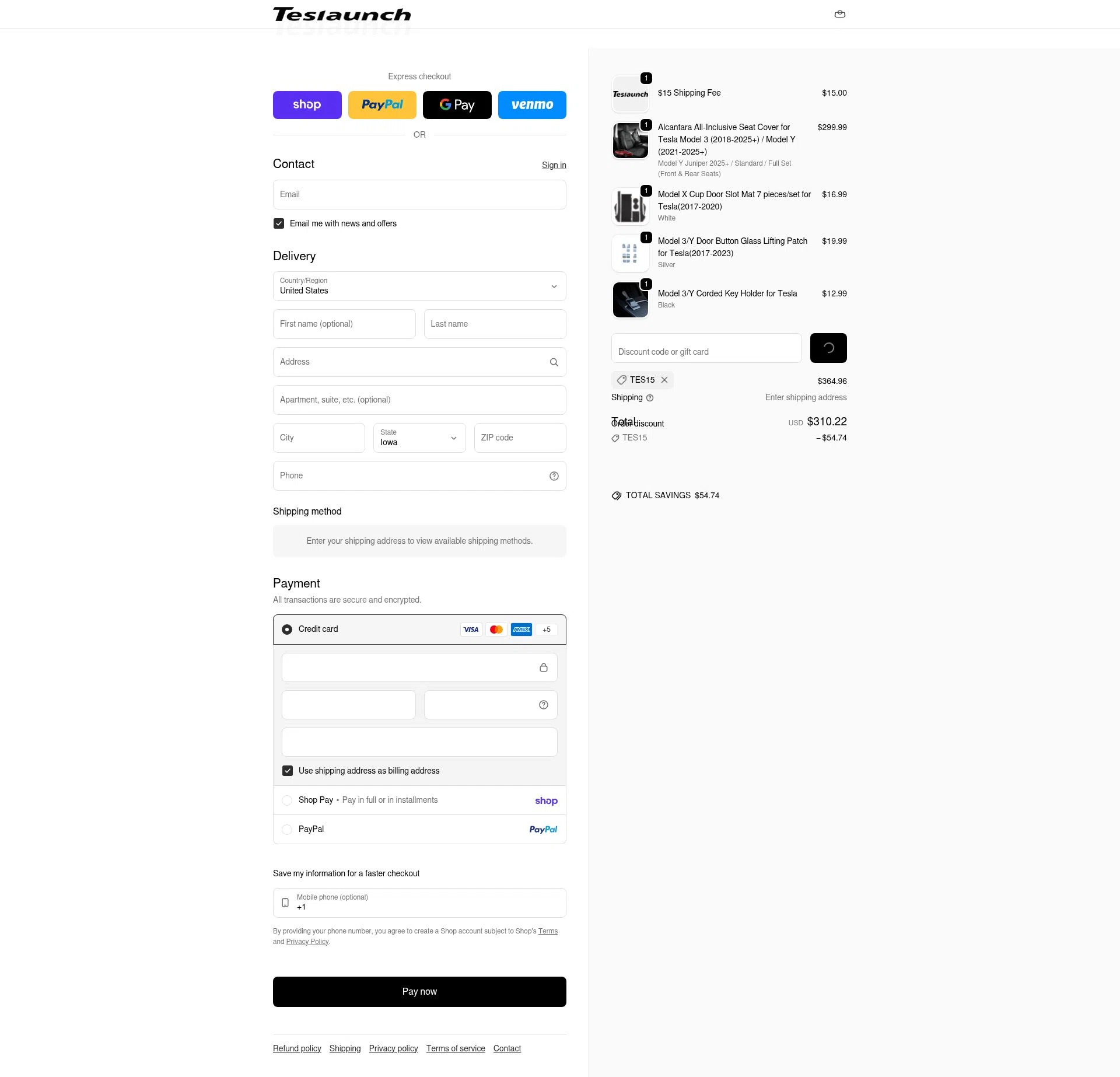 TESLAUNCH checkout page showing TESLAUNCH discount code box | Screenshot taken by SimplyCodes community member on Feb 5, 2026
