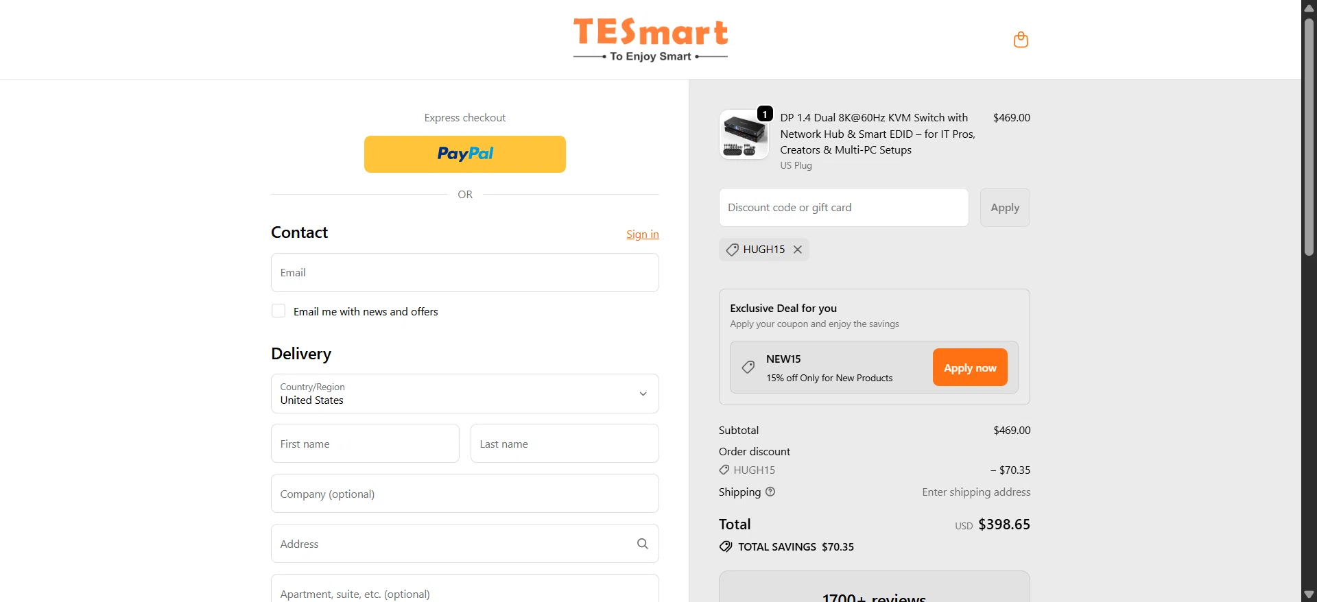 TESmart promo code screenshot showing code HUGH15 applied at TESmart checkout page. Uploaded by SimplyCodes community member ThriftyTitan578 on Jun 17, 2026