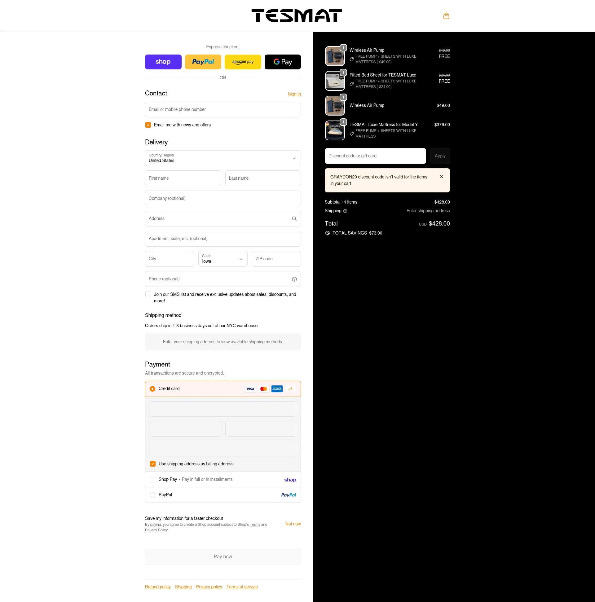 TESMAT checkout page showing TESMAT promo code box | Screenshot taken by SimplyCodes community member on Feb 19, 2026