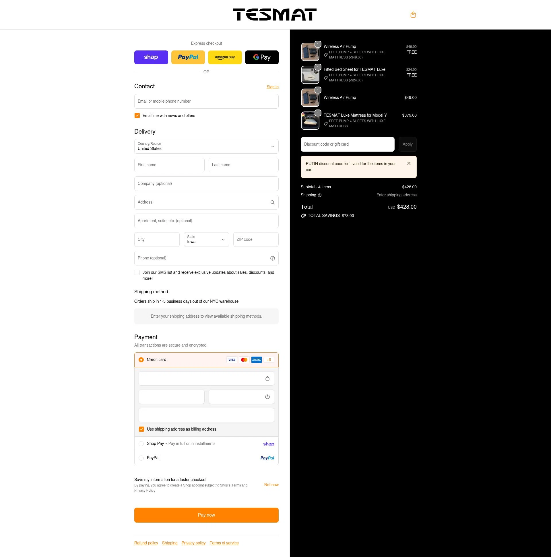 TESMAT checkout page showing TESMAT promo code box | Screenshot taken by SimplyCodes community member on Feb 19, 2026