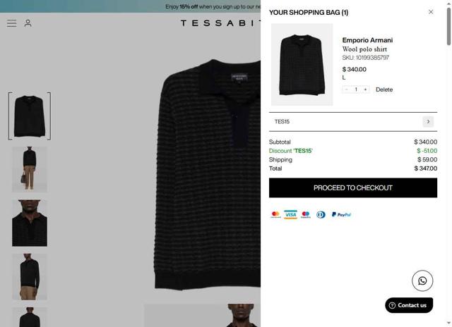 Tessabit checkout page showing Tessabit coupon code box | Screenshot taken by SimplyCodes community member on Sep 9, 2025