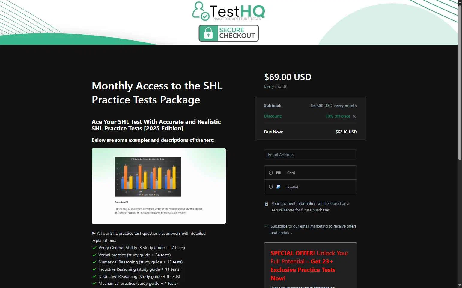 TestHQ checkout page showing TestHQ coupon code box | Screenshot taken by SimplyCodes community member on Dec 20, 2025