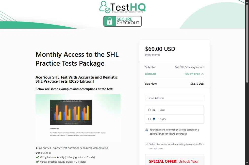 TestHQ checkout page showing TestHQ coupon code box | Screenshot taken by SimplyCodes community member on Jan 6, 2026