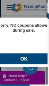 TestingMom coupon verification screenshot