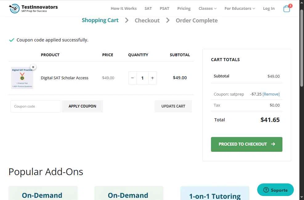 Test Innovators checkout page showing Test Innovators coupon code box | Screenshot taken by SimplyCodes community member on Jun 11, 2025