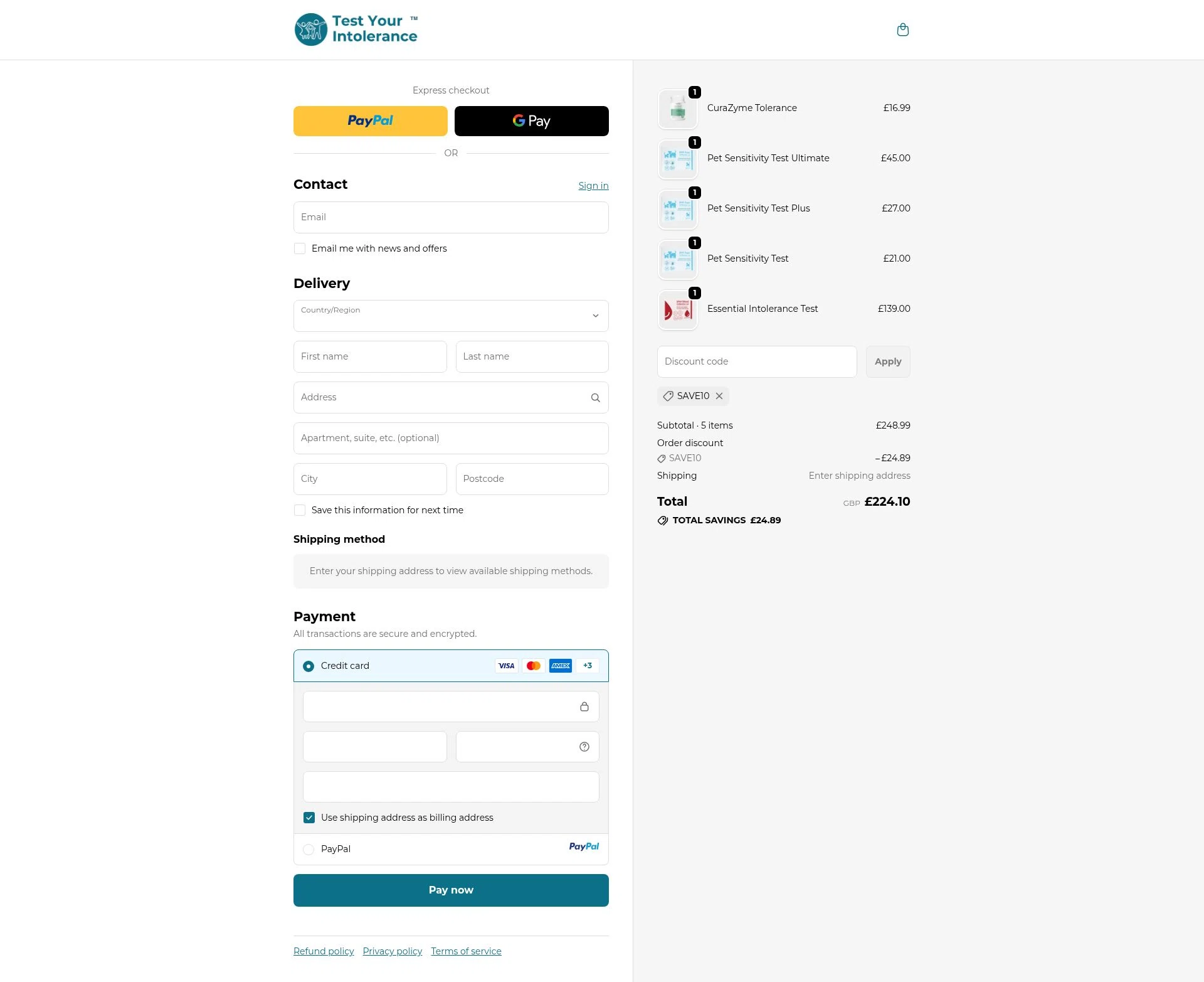 Test Your Intolerance checkout page showing Test Your Intolerance discount code box | Screenshot taken by SimplyCodes community member on Oct 18, 2025
