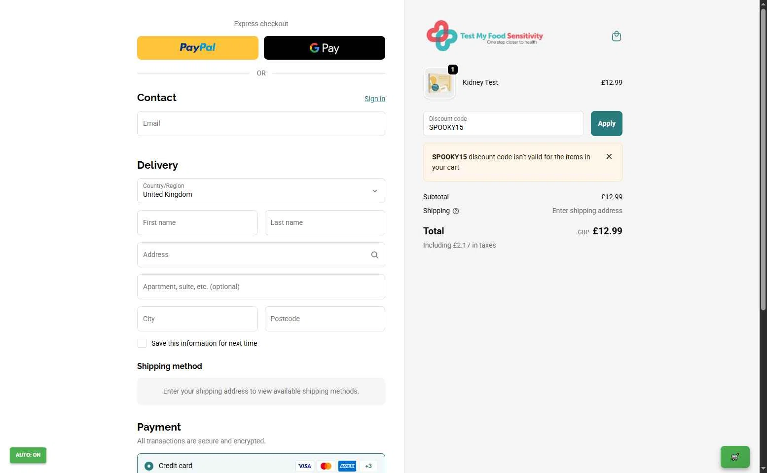 Test Your Intolerance checkout page showing Test Your Intolerance discount code box | Screenshot taken by SimplyCodes community member on Oct 30, 2025