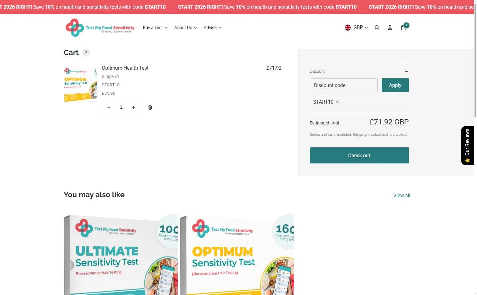 Test Your Intolerance checkout page showing Test Your Intolerance discount code box | Screenshot taken by SimplyCodes community member on Dec 24, 2025