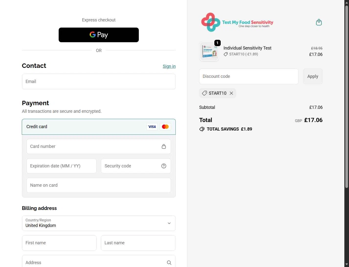 Test Your Intolerance checkout page showing Test Your Intolerance discount code box | Screenshot taken by SimplyCodes community member on Jan 22, 2026